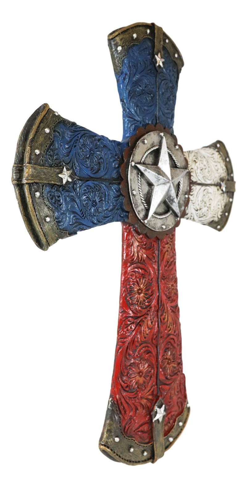 Ebros Western Lone Star W/ Tooled Faux Leather Lace Design Patriotic Texas Wall Cross