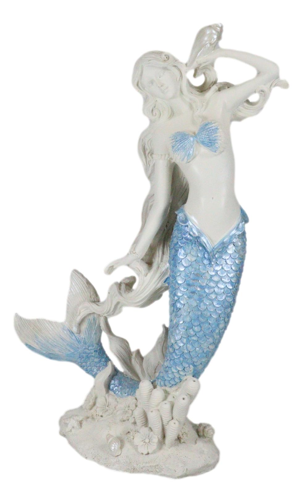 Ebros Aqua Blue Tailed Mermaid Listening To Sconce Figurine 12"H Ocean Goddess