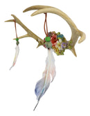 Rustic 8 Point Stag Deer Antlers Flowers And Feathers Rack Wall Hooks Plaque