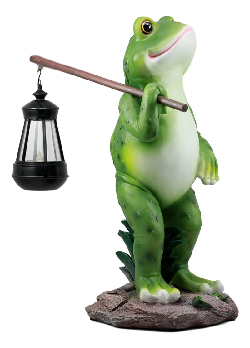 Ebros Blue Bayou Trails Hiking Frog Statue Holding Rod With Solar Powered Lantern LED