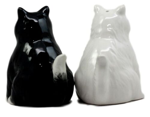 Ebros Black And White Cute Fluffy Cats Salt & Pepper Shakers Magnetic Set 3.25"H - Ebros Gift