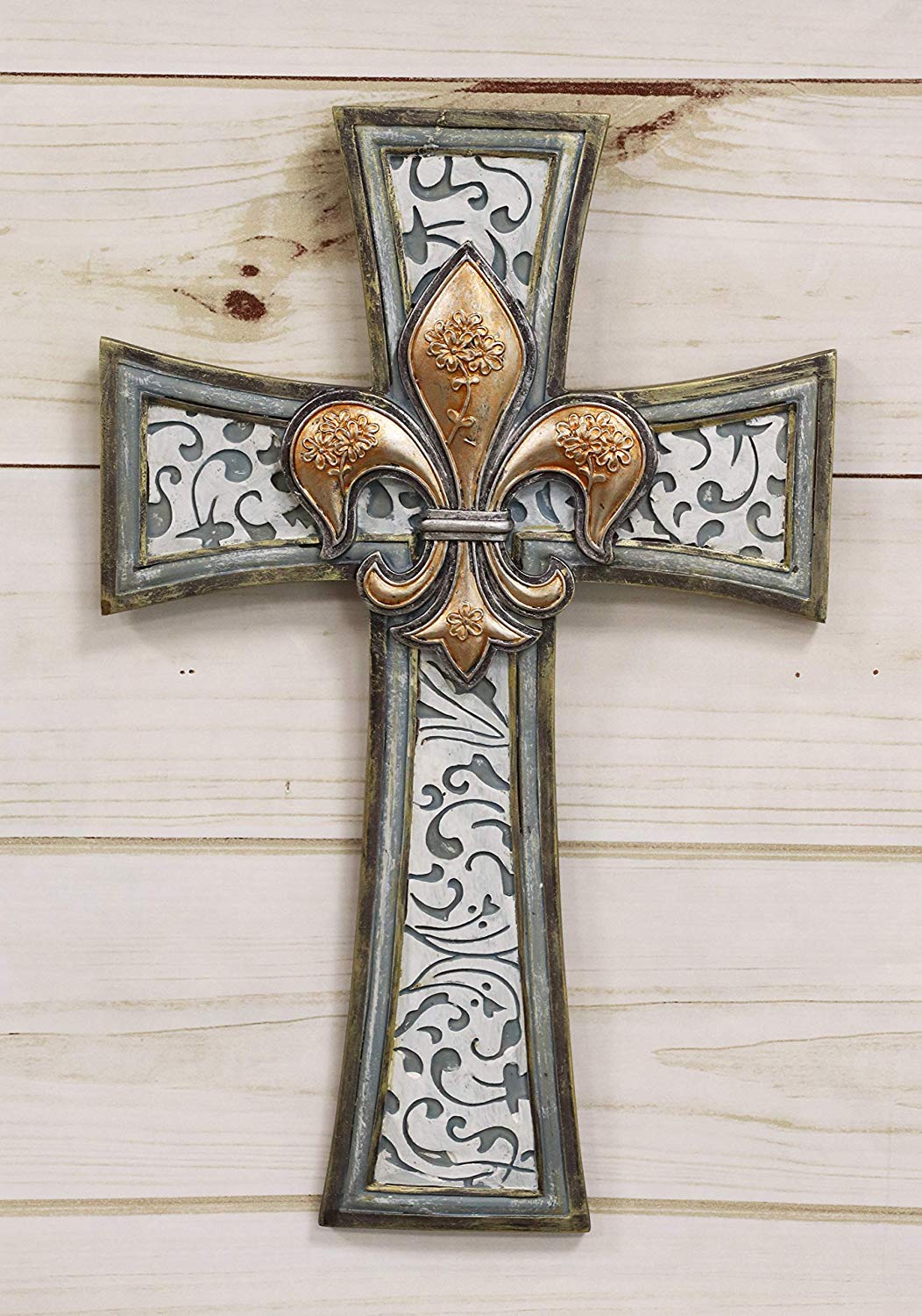 Rustic Southwestern Tuscan Fleur De Lis Emblem With Scroll Art Wall Cross Decor