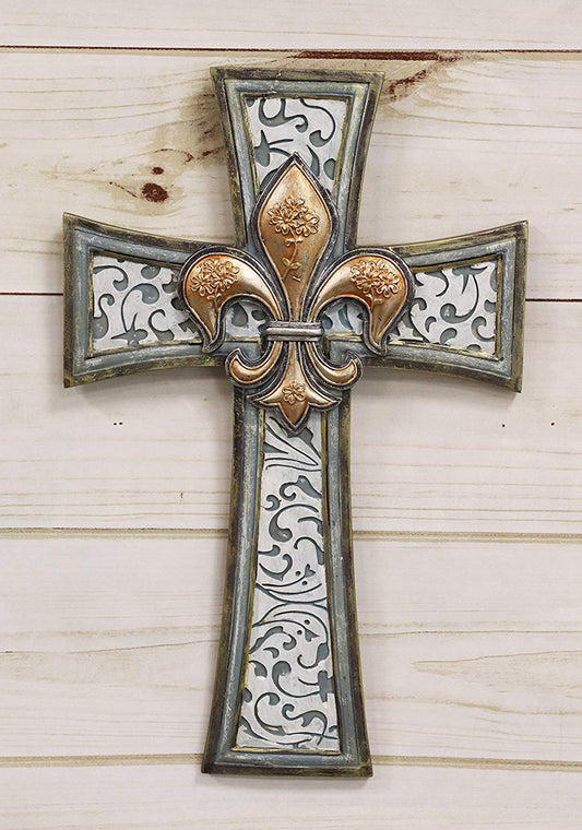 Rustic Southwestern Tuscan Fleur De Lis Emblem With Scroll Art Wall Cross Decor