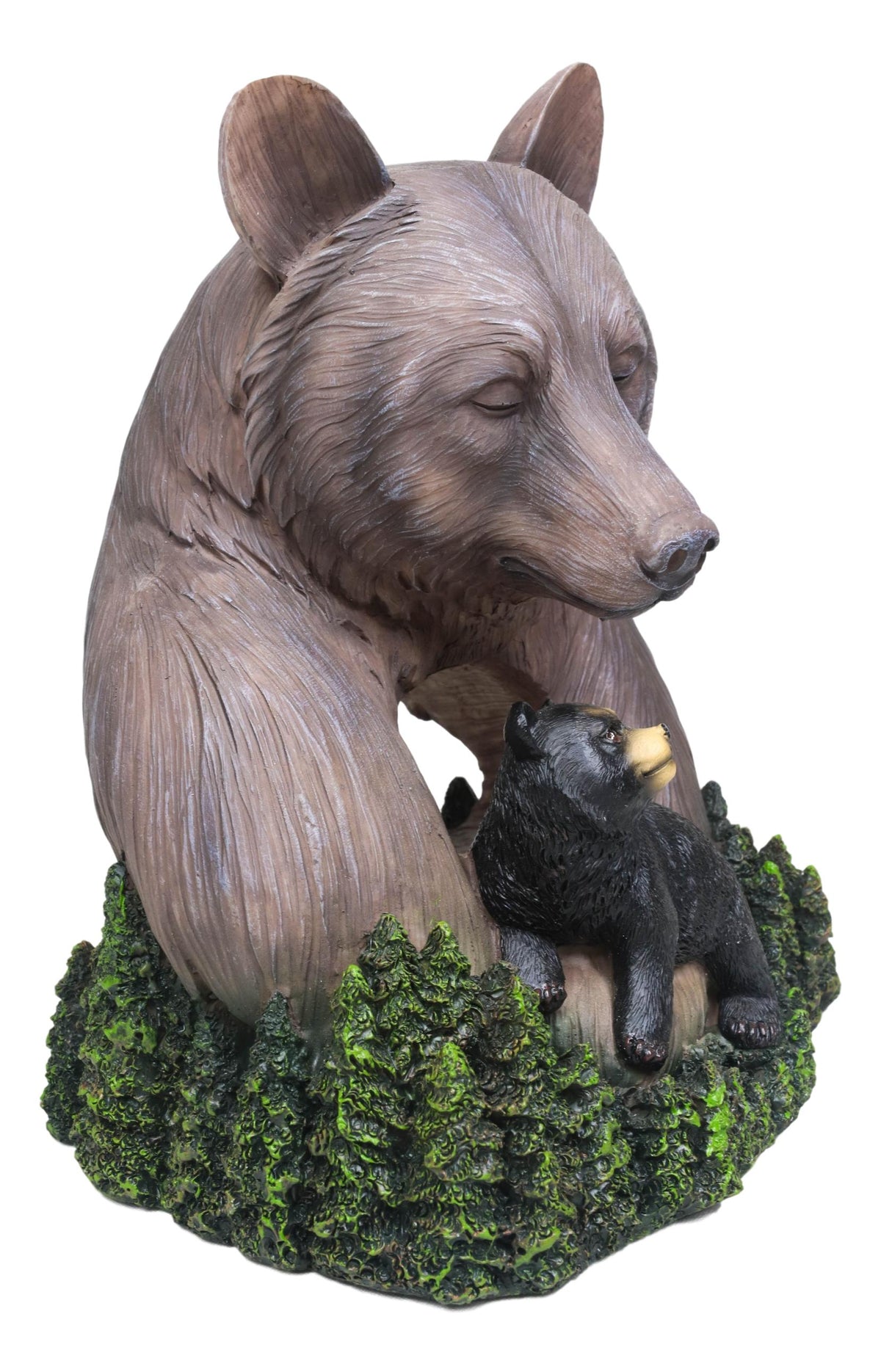 Rustic Forest Black Mama Bear Embracing Cub By Pine Trees Faux Wood Figurine - Ebros Gift