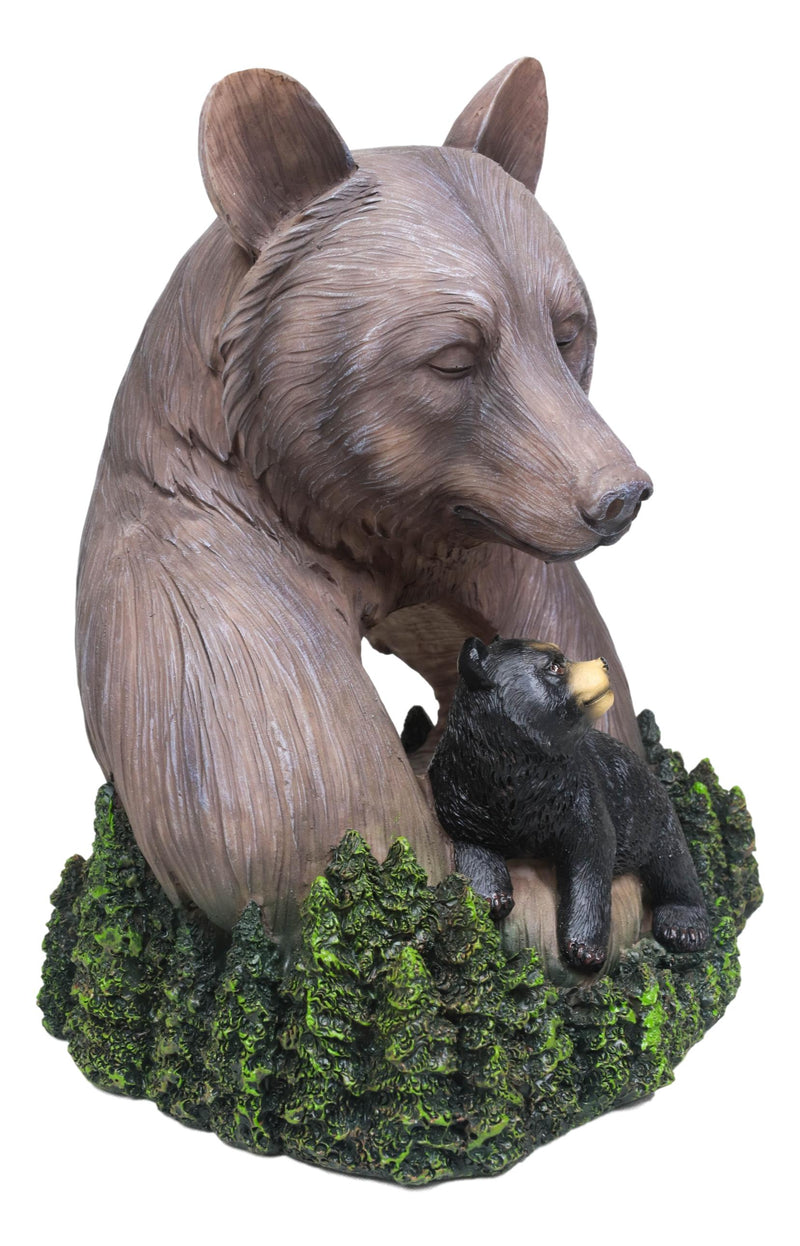 Rustic Forest Black Mama Bear Embracing Cub By Pine Trees Faux Wood Figurine