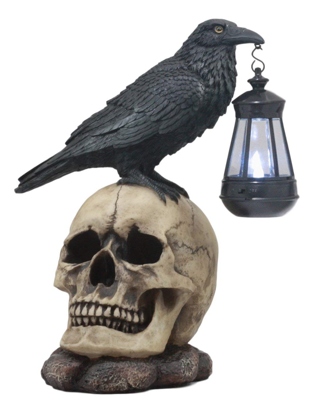 Ebros Edgar Corvus Raven Perching On Rose Skull Statue With Solar LED Lantern Light - Ebros Gift