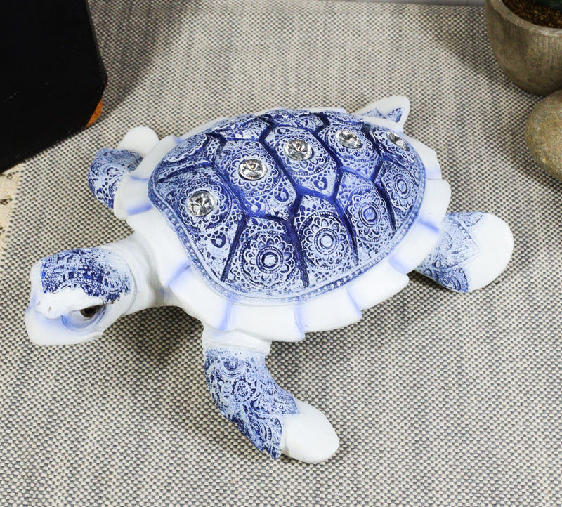 Ebros Ming Style Terracotta Blue and White Feng Shui Celestial Sea Turtle Statue with Crystals 7.5" Wide