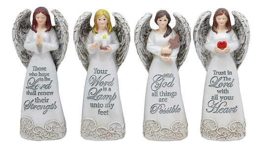 Ebros 4.25" Tall Colorful Divine Heavenly Angels with Inspirational Scriptures Figurine Set of 4 Angelic Hosts of Prayer and Faith Statues Home Decor Christmas Graduation Housewarming Gifts - Ebros Gift