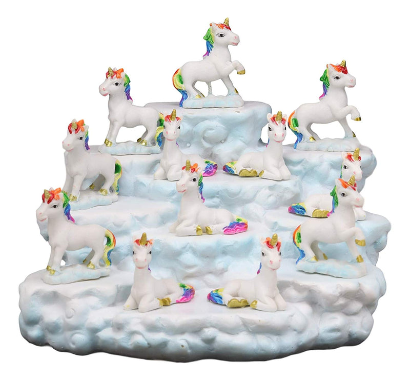 Ebros Magical Clear Blue Sky Clouds Terrace Castle Display Stand Figurine with 12 Miniature Rainbow Unicorns with Golden Horns Decorative Fairy Garden Accent Centerpiece Set