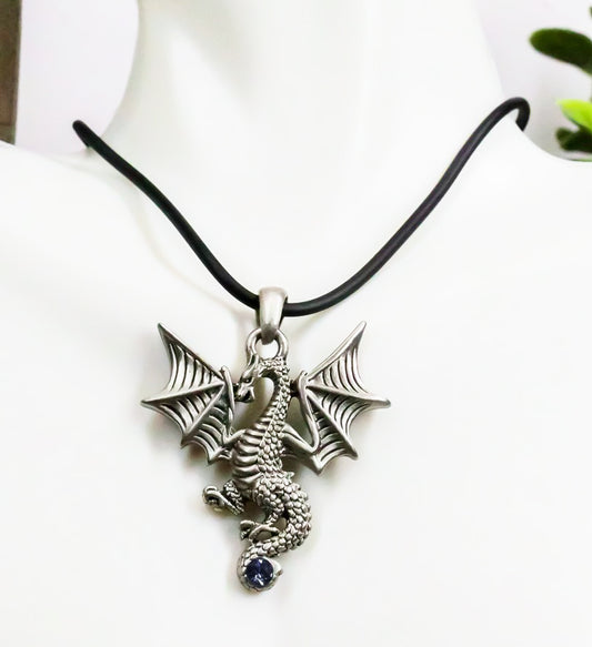 Ebros Blue Saphire Gem Tailed Tatsu Dragon Pendant Jewelry Necklace Lead Free