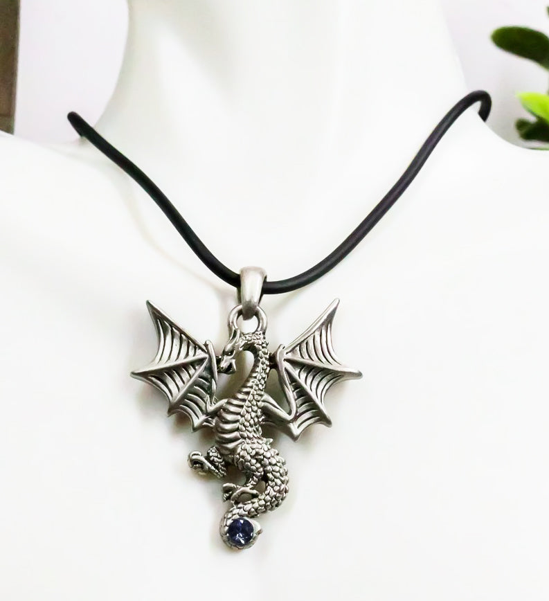 Ebros Blue Saphire Gem Tailed Tatsu Dragon Pendant Jewelry Necklace Lead Free