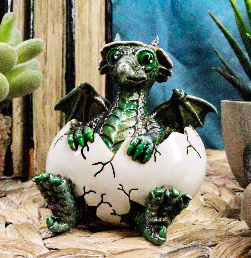 Small Green Whimsical Dragon Baby Hatchling In Egg Statue Fantasy Dragon Egg