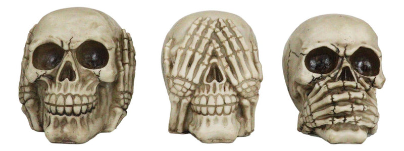 Graveyard Humor Gothic See Hear Speak No Evil Grinning Skulls Figurine Set Of 3