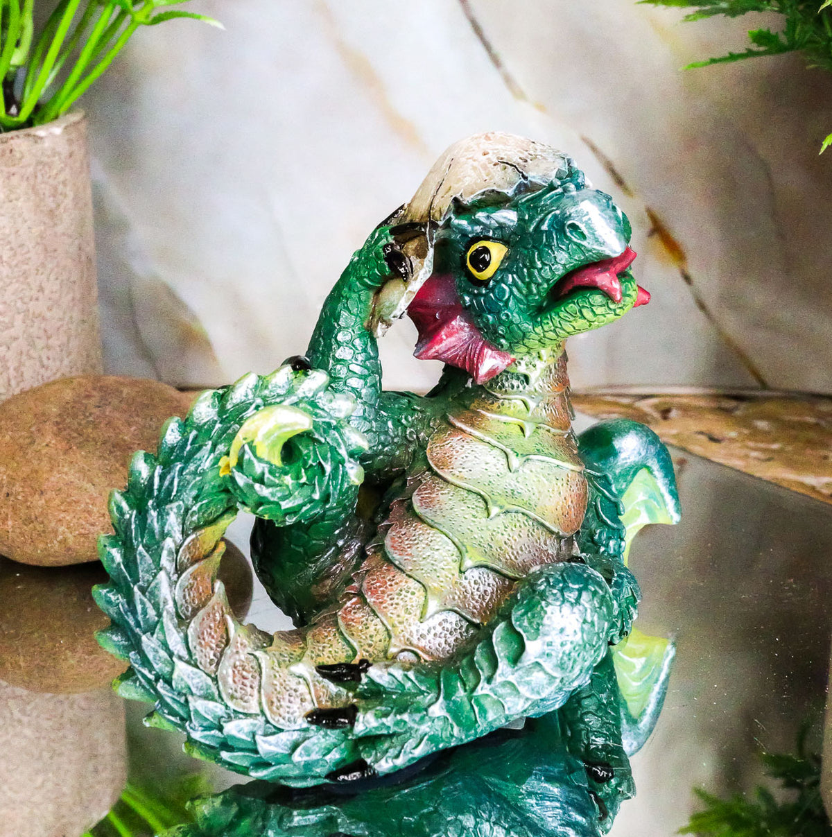 Adorable Green Earth Dragon Hatchling Baby Egg Shell Figurine 2.75"H Collectible