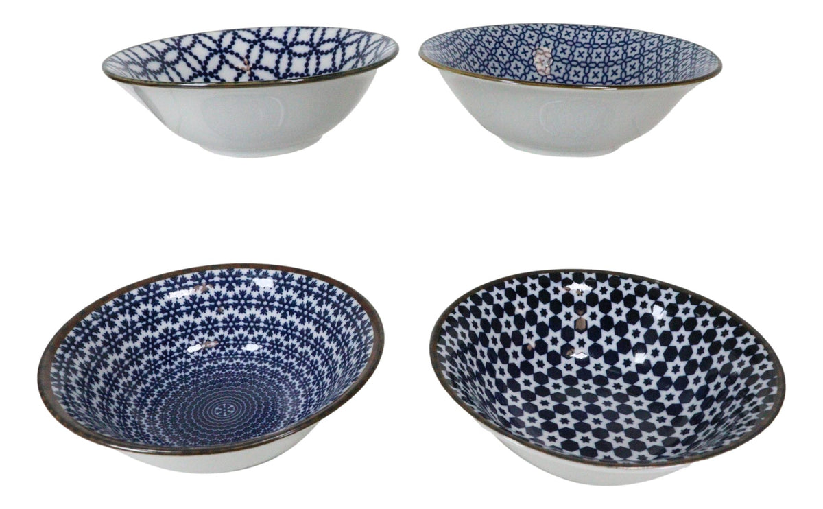 Ebros Made In Japan 4 Piece Geometry Ceramic Dining Rice Meal Soup Bowls 5.5"Diameter