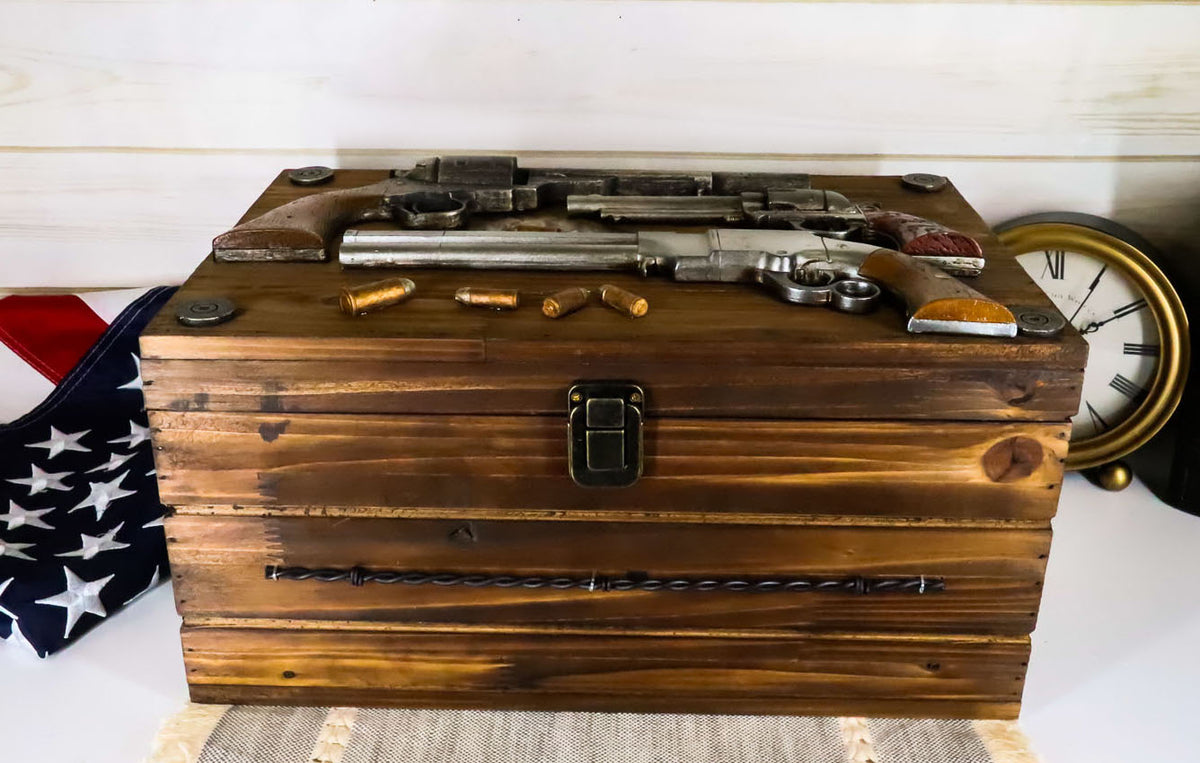 Large Western Six Shooter Pistol Guns Ammo Bullets Decorative Wooden Box 15"L