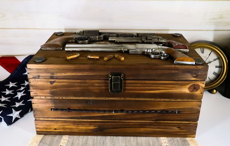 Large Western Six Shooter Pistol Guns Ammo Bullets Decorative Wooden Box 15"L