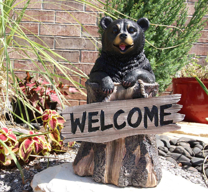 Ebros 13.5" Tall Welcome Sign Black Bear In Tree Bark Outdoor Decorative Statue - Ebros Gift