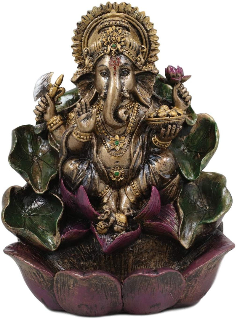 Ebros Hindu Lord Ganesha On Lotus Backflow Cone Incense Burner Statue 6" Tall