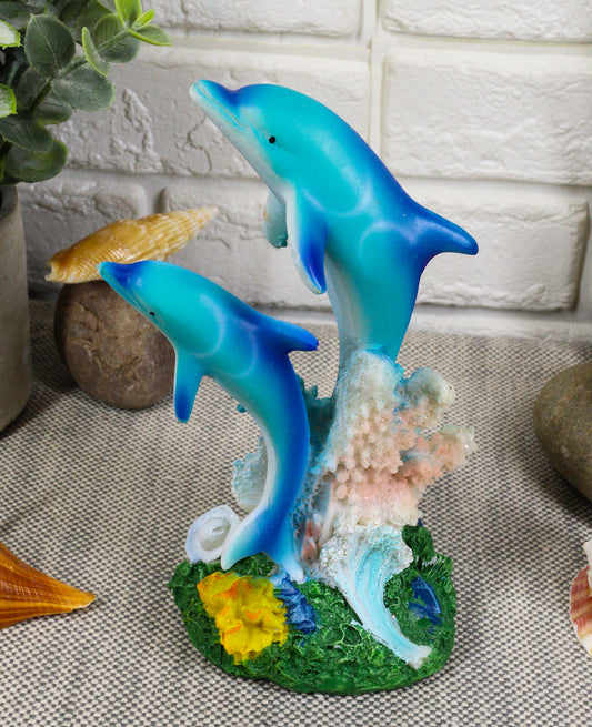 Sea World Nautical Two Bottlenose Dolphins Swimming By Coral Reefs Statue 5.5"H - Ebros Gift