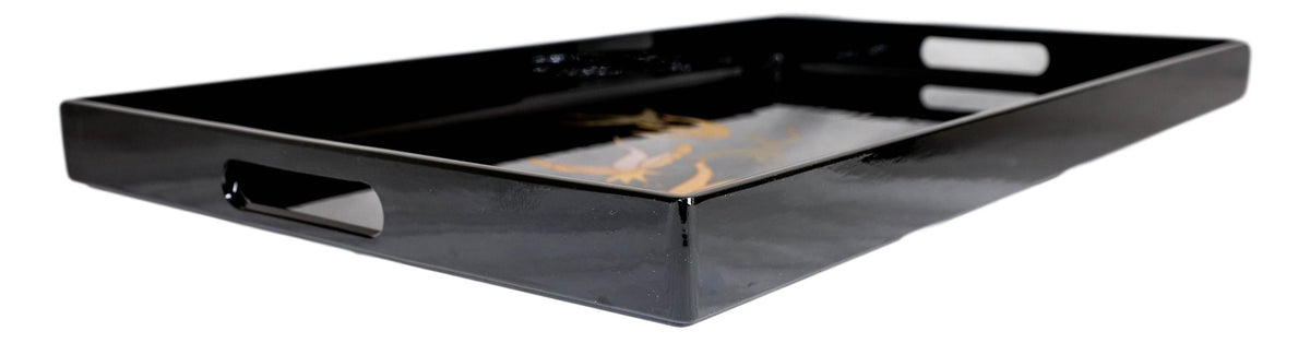 Japanese Flying Cranes 19" by 12" Large Black Lacquer Serving Tray With Handles - Ebros Gift