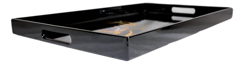 Japanese Flying Cranes 19" by 12" Large Black Lacquer Serving Tray With Handles