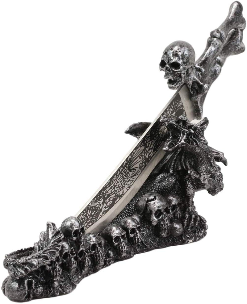 Ebros Gift Obsidian Athame Dragon Blade Letter Opener with Skull Base Stand Set