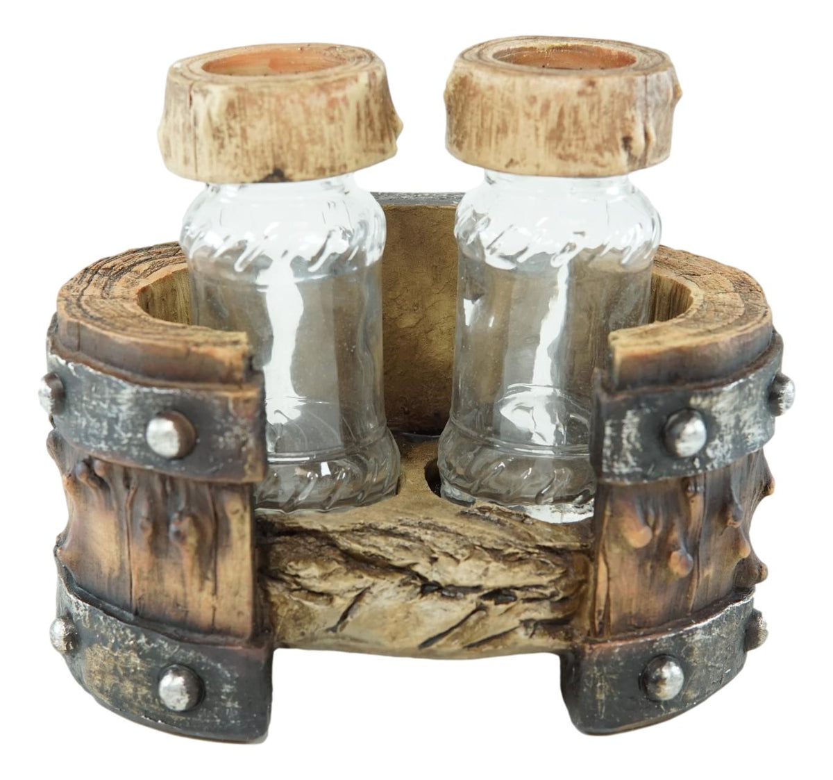 Rustic Western Star Cross With Faux Wood Barrel Base With Salt & Pepper Shakers