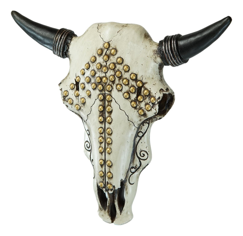 Western Bejeweled Bull Bison Cow Skull W/ Gold Beads Up Arrow Wall Decor Plaque