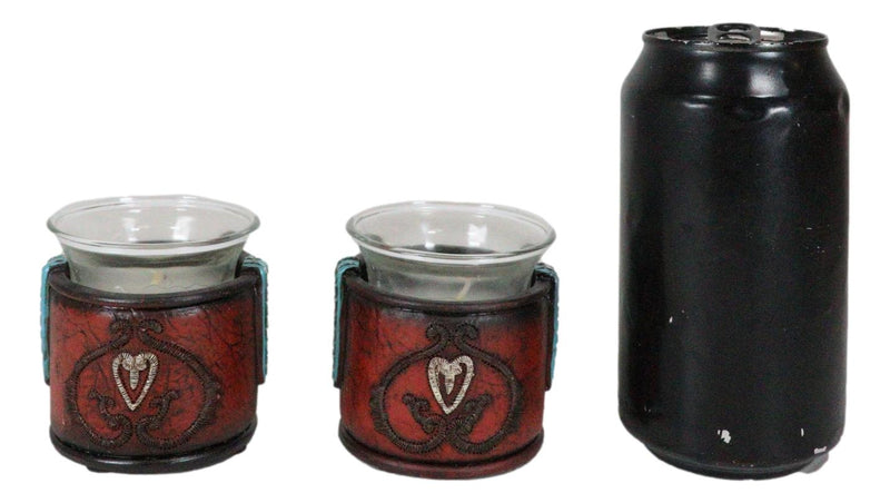 Set Of 2 Western Cowgirl Love Heart Scrollwork Faux Leather Votive Candle Holder