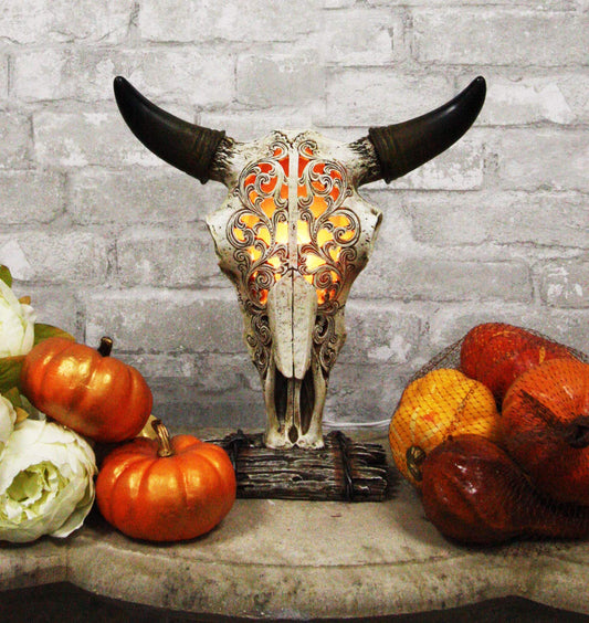 Ebros 12.5" Tall Southwest Aged Bone Tooled Filigree Lace Design Steer Bison Buffalo Bull Cow Horned Skull Head Night Light Lamp Centerpiece Side Table Decor Statue Skulls Western Accent Lighting - Ebros Gift