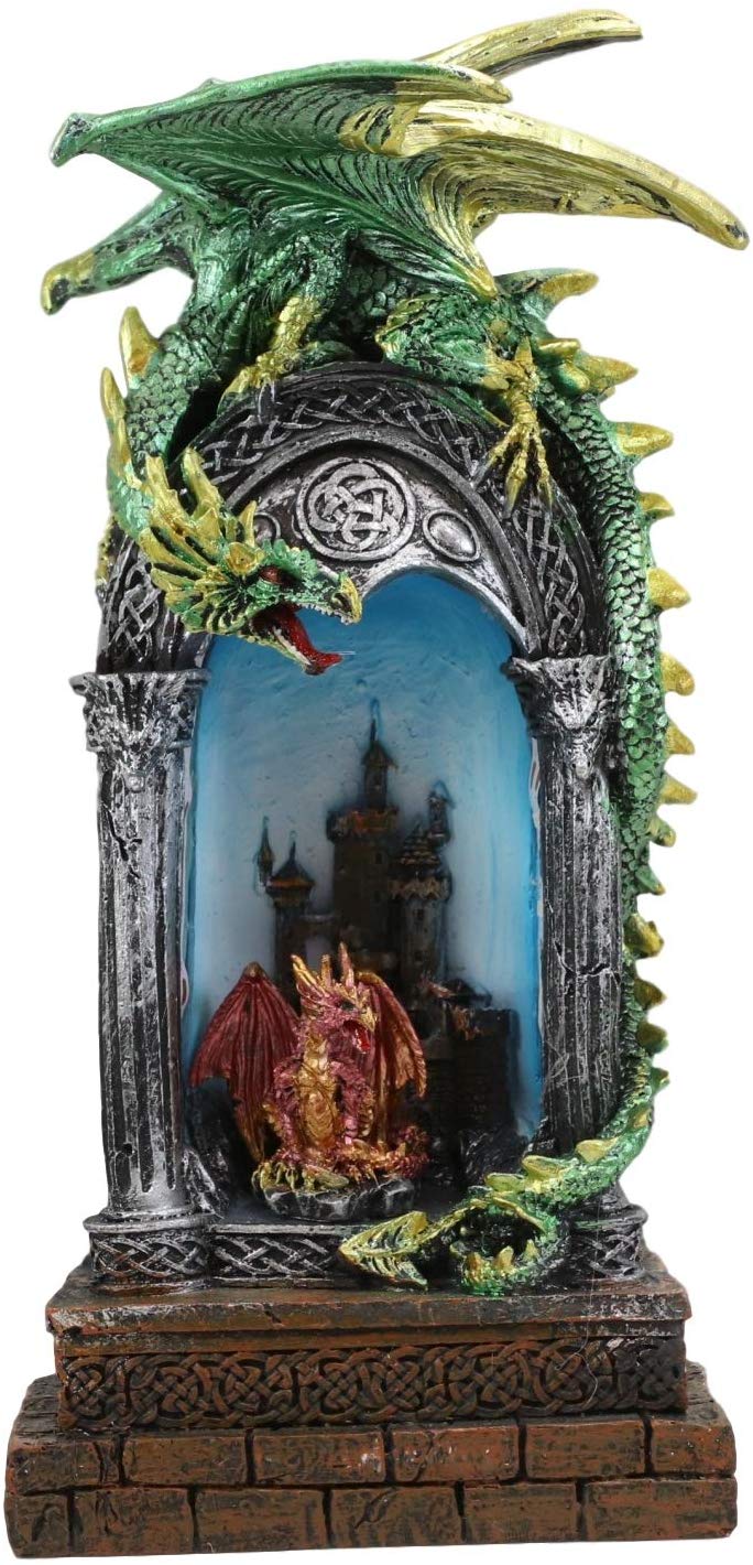 Ebros 10.75"H Green Emerald Dragon On Celtic Columns Statue With LED Night Light - Ebros Gift