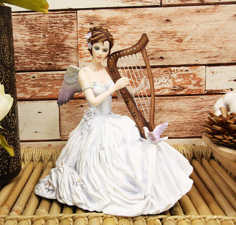 Ebros Angelic Chorus Melody Beautiful Heavenly Angel with Doves Playing Harp Statue 8" Tall by Artist Nene Thomas Fantasy Fairy Bridal Ballerina Christmas Themed Collectible Figurine As Home Decor
