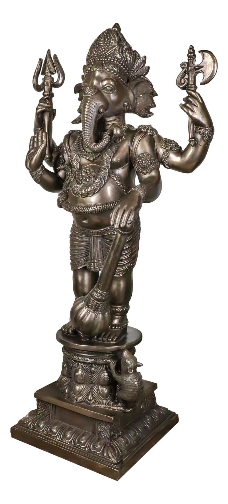 Large 21" Tall Ganesha With Dhoti in War Armor On Pillar With Rat Statue Bronzed