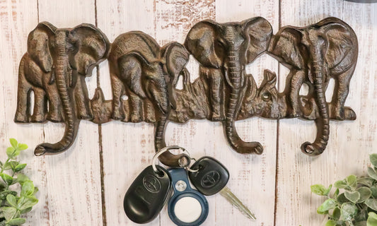 Cast Iron Rustic Safari Elephants With Long Trunks 4-Pegs Wall Hook Sculpture - Ebros Gift