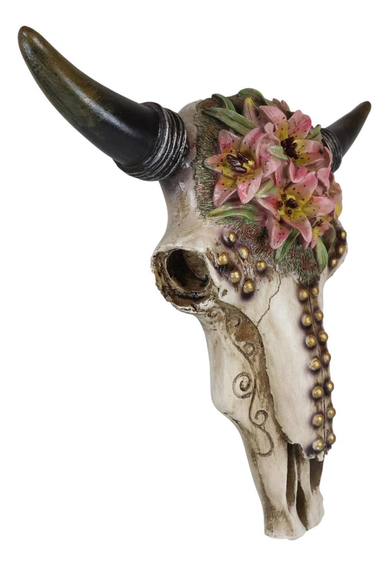 Western Bull Cow Skull With Floral Lilies & Golden Nailheads Wall Decor Plaque