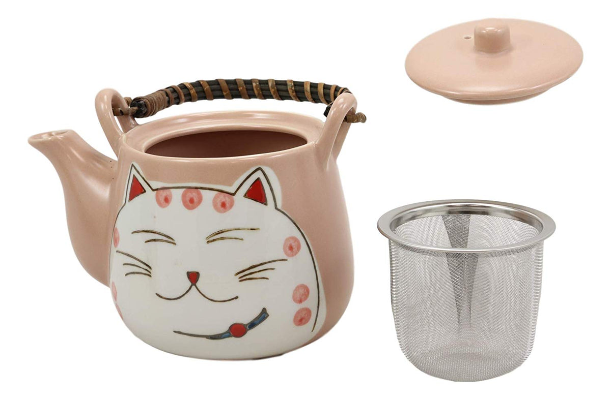 Maneki Neko Lucky Beckoning Cat Matte Pink 20oz Ceramic Tea Pot and Cups Set
