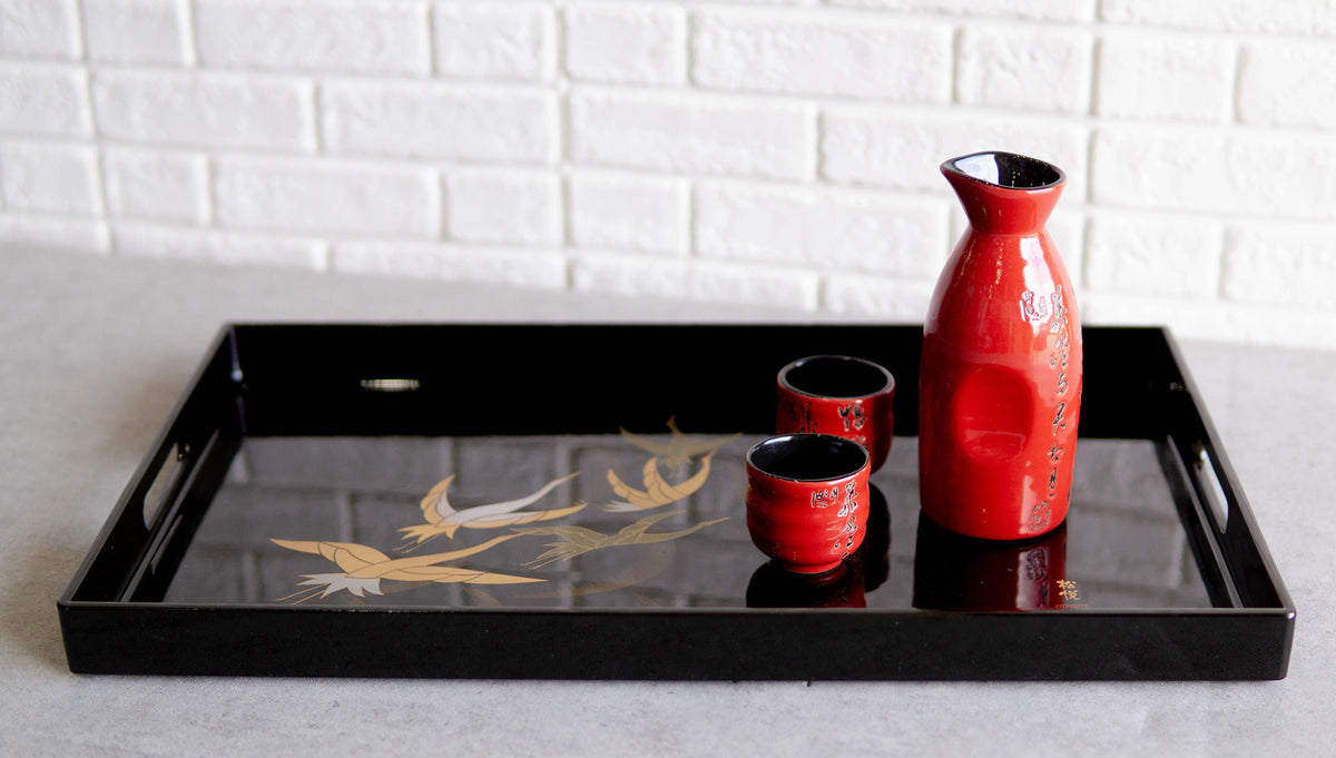 Japanese Flying Cranes 19" by 12" Large Black Lacquer Serving Tray With Handles - Ebros Gift