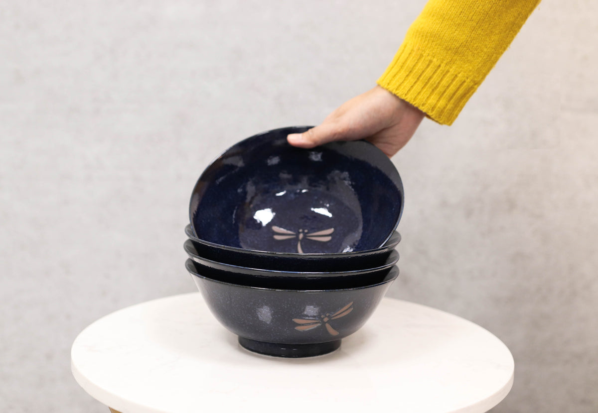 Made in Japan Blue Dragonfly Pasta Salad Soup Cereal Rice Ceramic Bowls Set of 4 - Ebros Gift