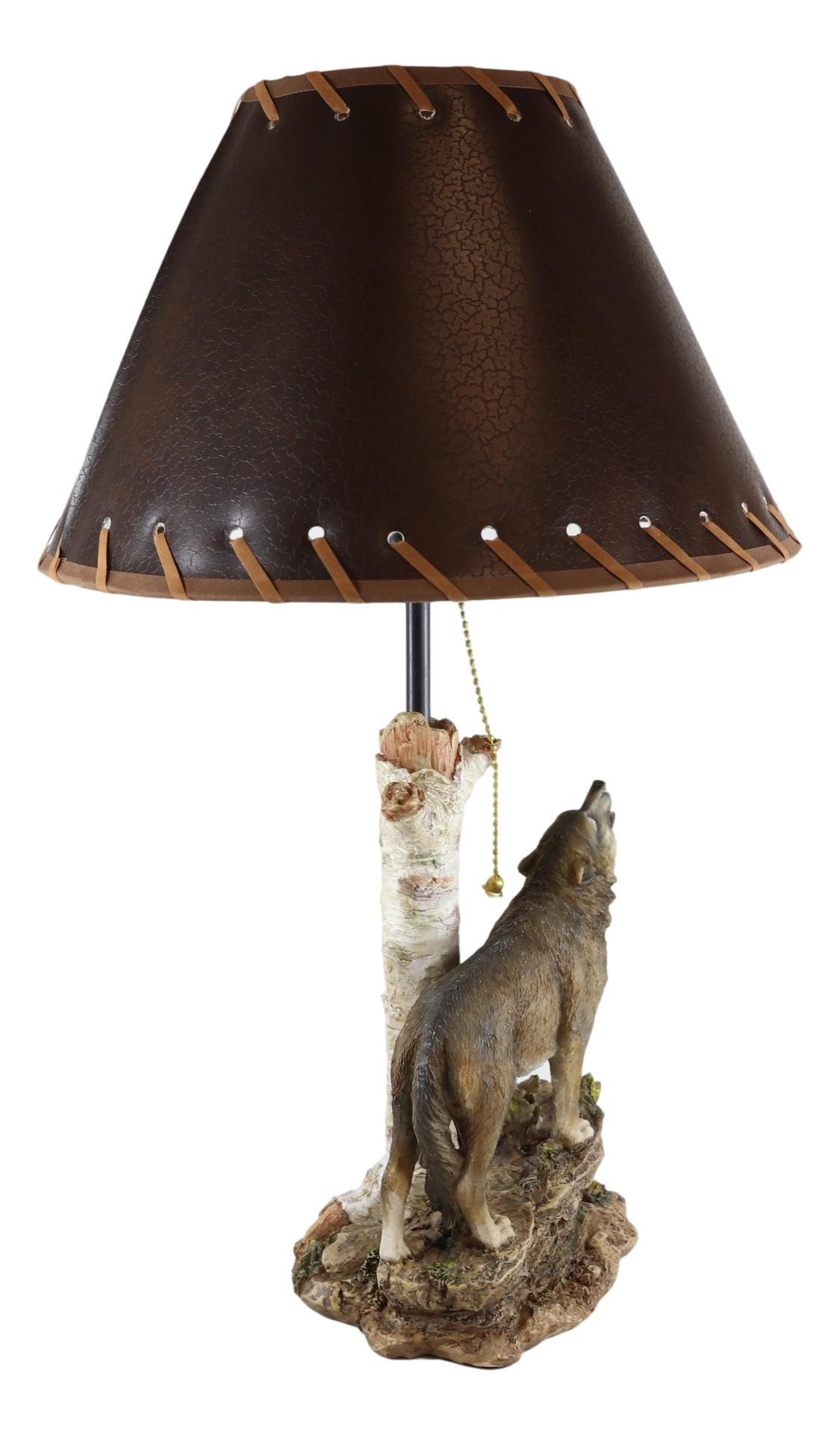 Rustic Wildlife Grey Wolf Howling By Birchwood Tree Table Lamp With Laced Shade - Ebros Gift