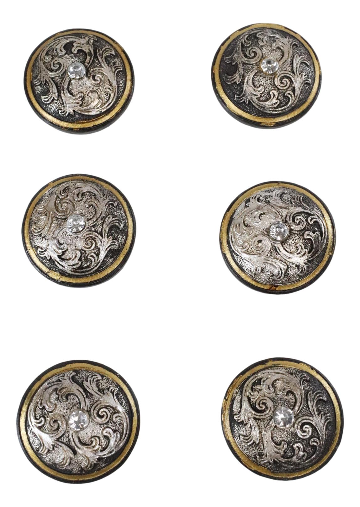 Set Of 6 Western Rustic Silver Floral Scroll With Gold Trim Cabinet Door Knobs - Ebros Gift