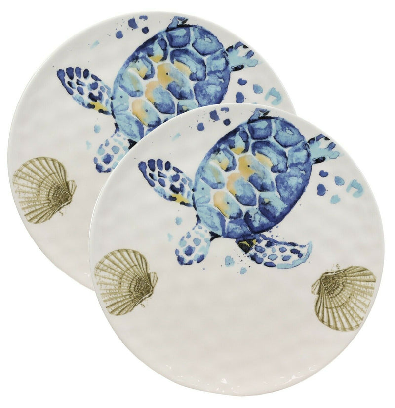Marine Blue Sea Turtle And Golden Sea Shells Ceramic Dinner Plates Set Of 2