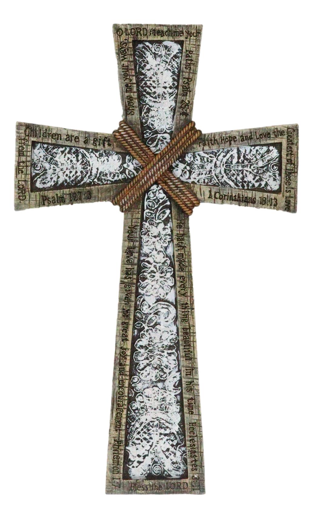 Rustic Holy Bible Scriptures Ornate White Lace Stencil Antiqued Wall Cross