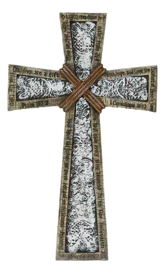 Rustic Holy Bible Scriptures Ornate White Lace Stencil Antiqued Wall Cross