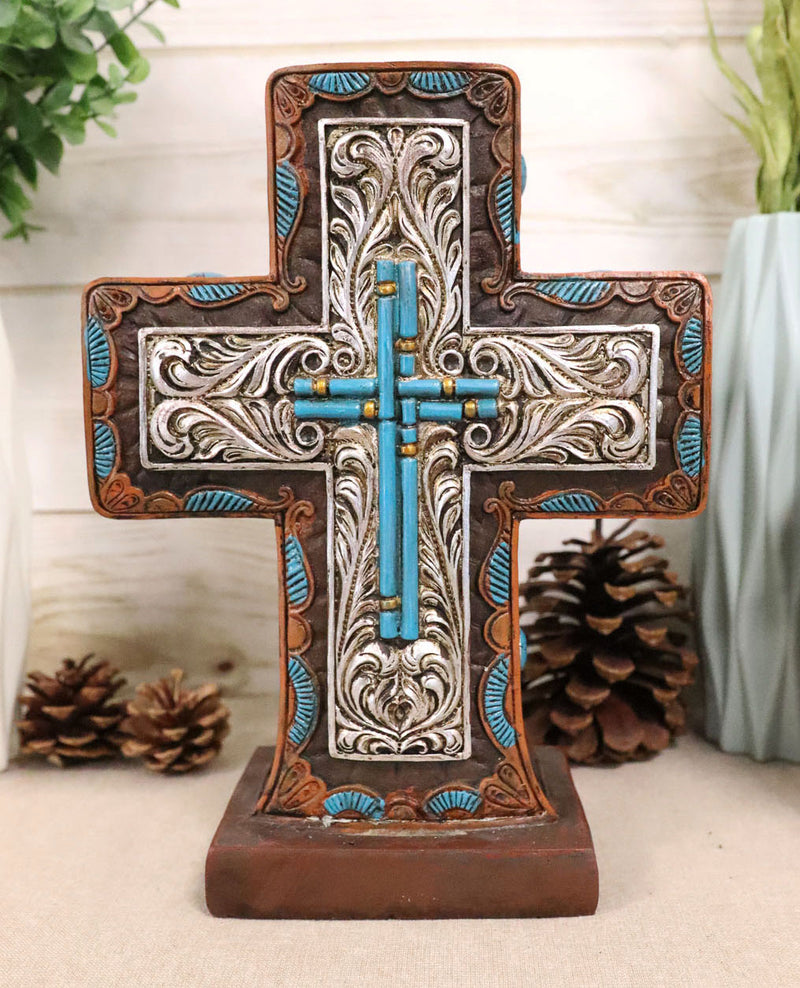 Rustic Western Silver Floral Scrollwork And Blue Turquoise Standing Cross Plaque