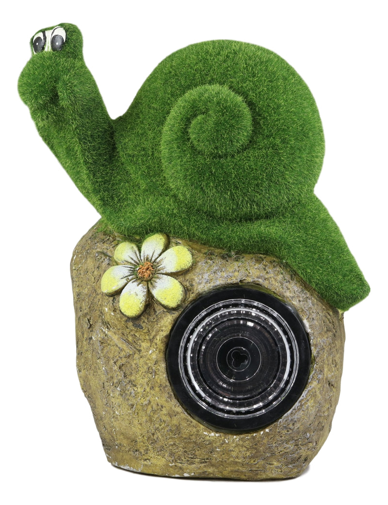 Ebros Whimsical Flocked Grass Snail On Rock Garden Statue With Solar LED Light Decor