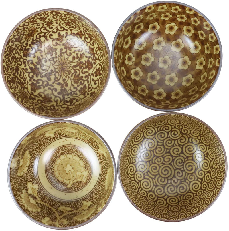 Ebros Made in Japan Tan Floral Ochawan Rice Soup Salad Porcelain Bowls Set of 4
