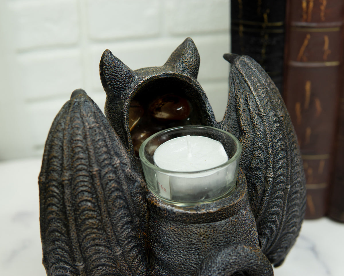 Ebros Winged Cat Gargoyle With Vampire Fangs Glowing Eyes Candle Holder Statue