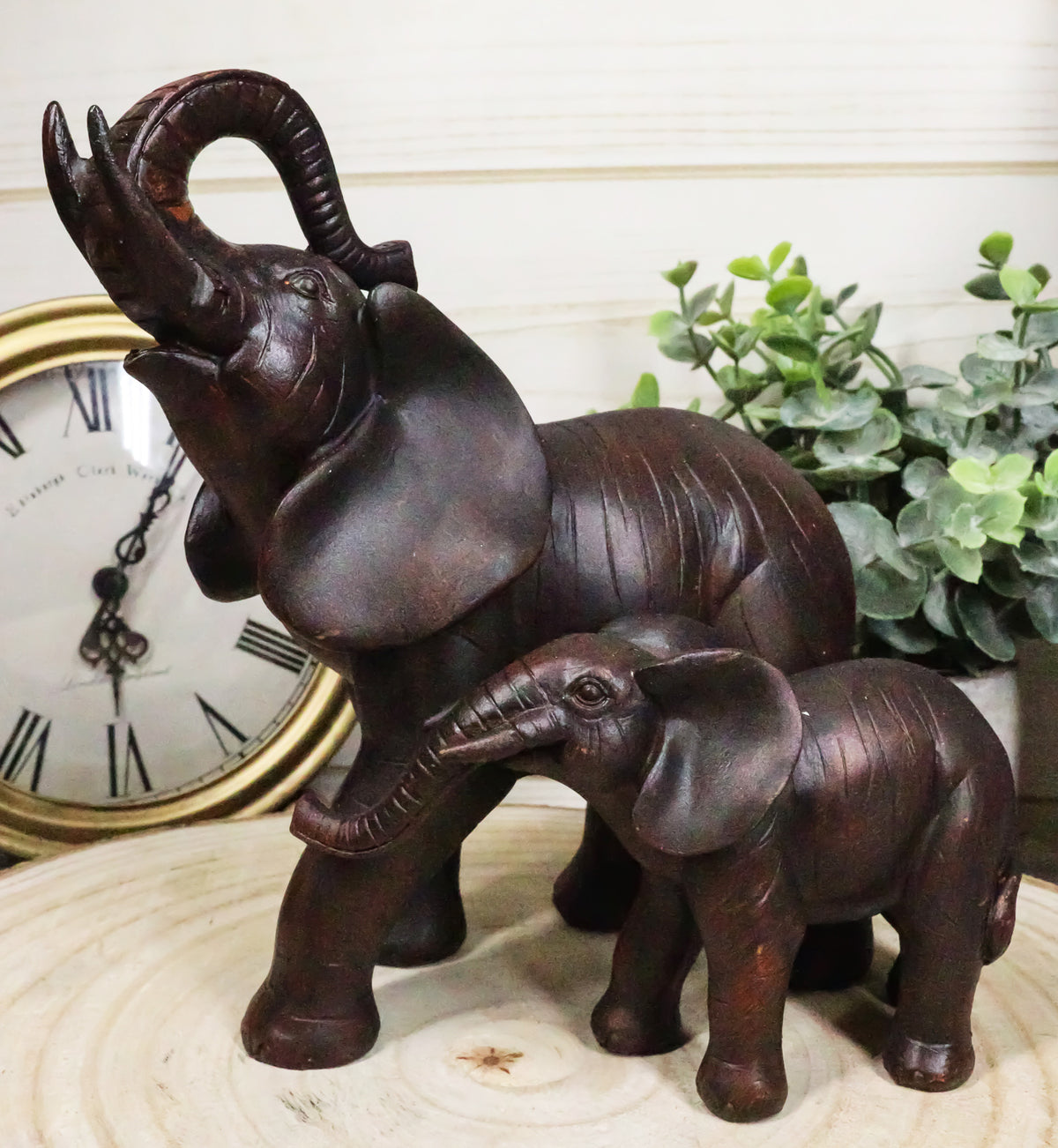 Safari Trunk Up Elephant Father and Calf Family Figurine In Faux Wood Finish