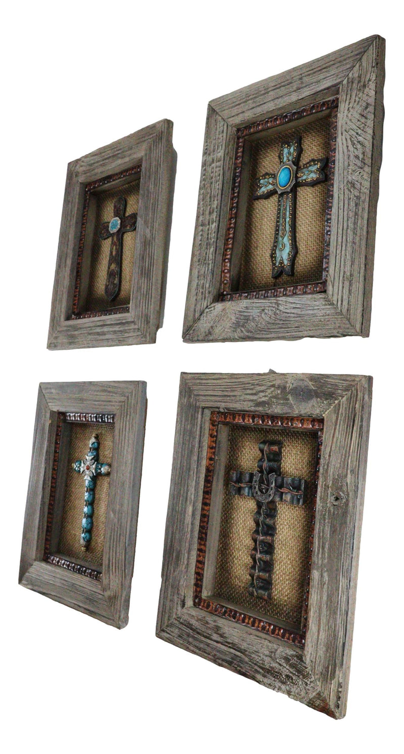 Pack of 4 Rustic Western Turquoise Gems Horseshoe Cross Wood Framed Wall Decors